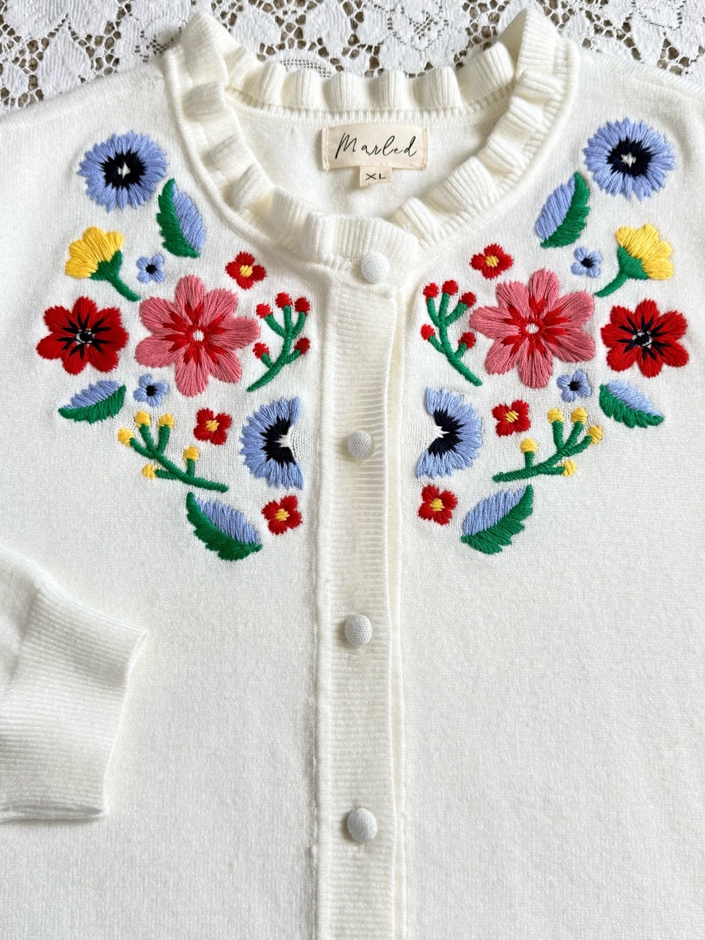 Marled Ruffle Trim Button Front Cardigan with Floral Embroidery – Ivory, Size XL